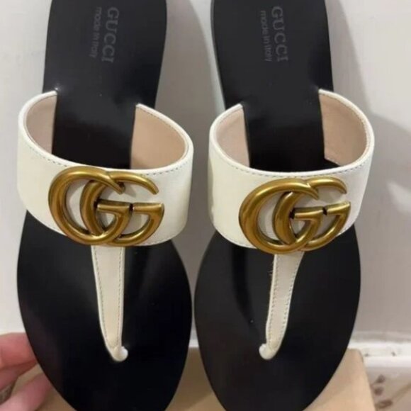 NEW Gucci Marmont GG Leather T Strap Thong Flat Sandals Shoes Cream Size 39 - Picture 1 of 5